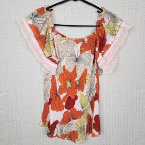 VINTAGE JAIPUR Accordian Pleated Floral Top w/ Ruffle Sleeves M